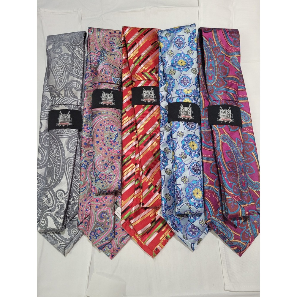 Verse 9 Haute Couture Mens Necktie Lot 5pc Paisley Stripe Geometric Multicolor